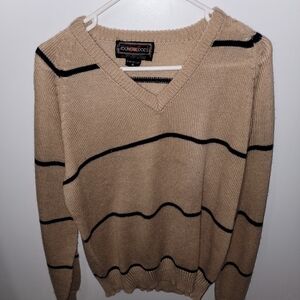Men's V-Neck Sweater in Tan with Black Stripes